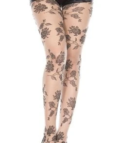 MUSIC LEGS All Spandex Sheer Rose Print [Beige/Black] | PANTYHOSE