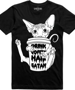 TWISTED Cats Drink Coffee, Hail Satan | T-SHIRT