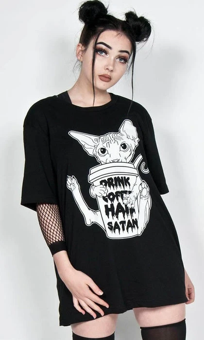 Drink Coffee, Hail Satan | T-SHIRT TWISTED Cats Drink Coffee, Hail Satan | T-SHIRT -VERA’S EYECANDY Shop twisted drink coffee hail satan t shirt