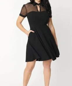 UNIQUE VINTAGE Corporate + Office Wear Black Mesh | FLARE DRESS