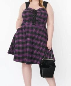 UNIQUE VINTAGE Corporate + Office Wear Purple Plaid | FLARE DRESS*