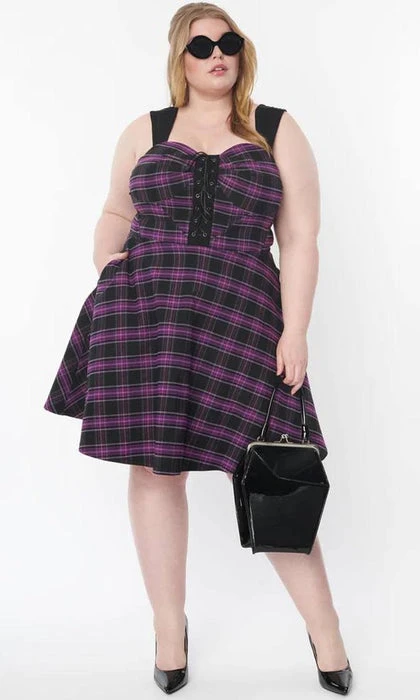 UNIQUE VINTAGE Corporate + Office Wear Purple Plaid | FLARE DRESS* 3 UNIQUE VINTAGE Corporate + Office Wear Purple Plaid | FLARE DRESS*