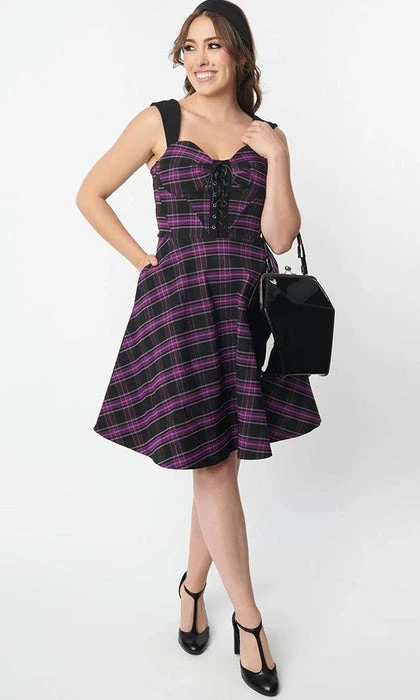 UNIQUE VINTAGE Corporate + Office Wear Purple Plaid | FLARE DRESS* 8 UNIQUE VINTAGE Corporate + Office Wear Purple Plaid | FLARE DRESS* - Image 6